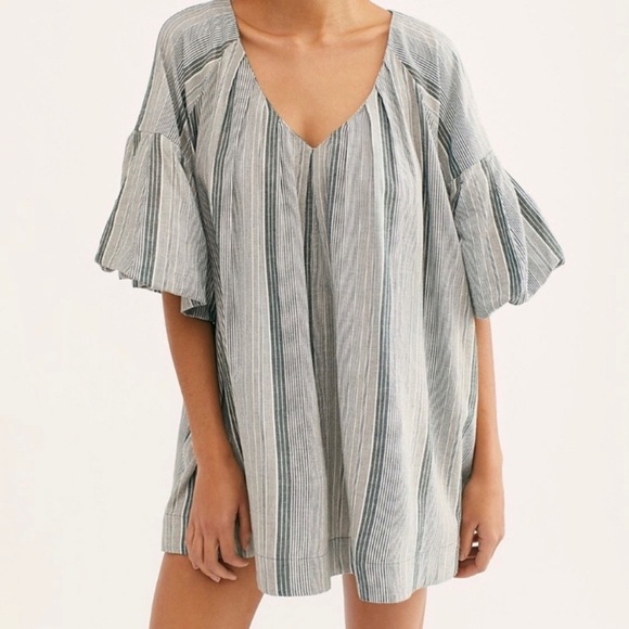 Free people Aleida sage green striped puff sleeve mini dress S - Picture 2 of 10